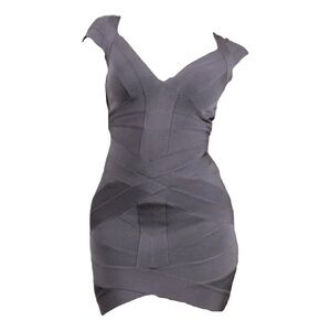 Herve Leger Charcoal Gray Bandage V-Neck Cap Sleeve Mini Dress